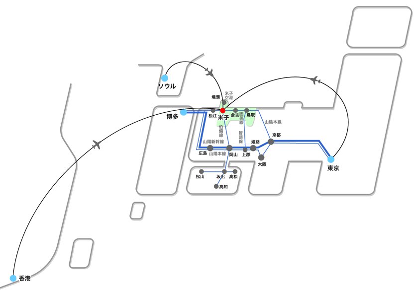 飛行機を利用した場合の地図